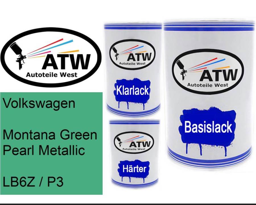 Volkswagen, Montana Green Pearl Metallic, LB6Z / P3: 500ml Lackdose + 500ml Klarlack + 250ml Härter - Set, von ATW Autoteile West.